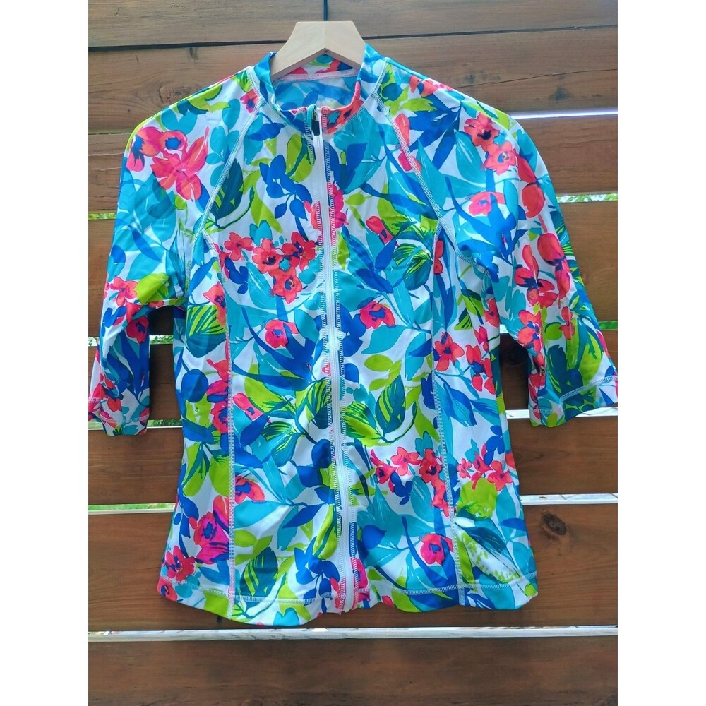 Lands' End Medium Multi Color Floral Rash gaurd Full Zip short sleeve Excellent